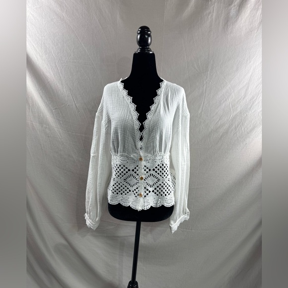Boho V Neck Lace Blouse White - Picture 7 of 10